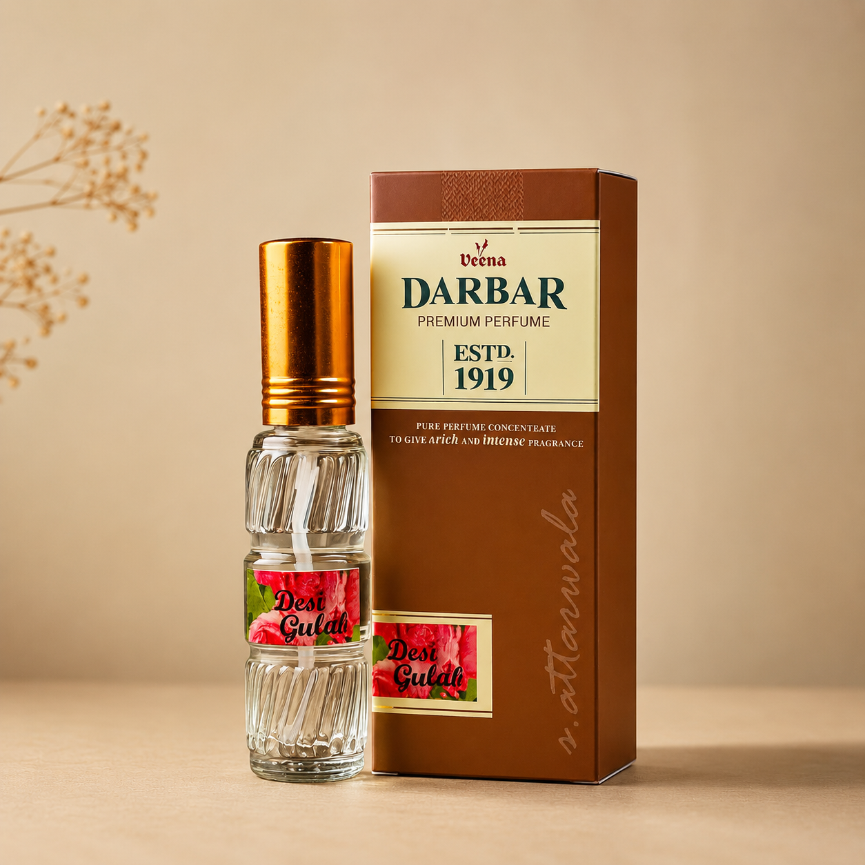 Veena Darbar Premium Perfume (Desi Gulab) | Long Lasting Pure Perfume Concentrate Spray for Men & Women | Authentic Kannauj Rose Rich Floral Fragrance | Established 1919