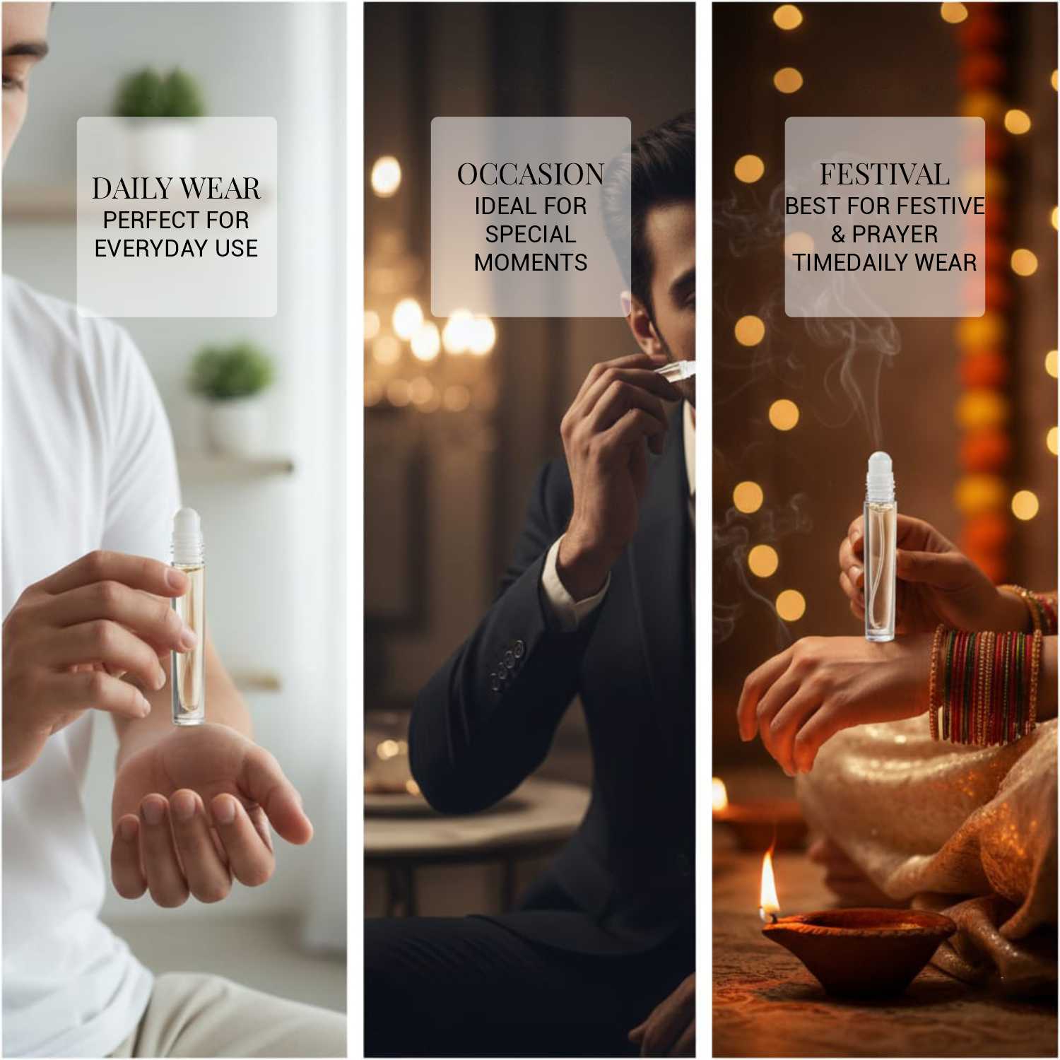 A three-panel lifestyle graphic showcasing the perfume roll-on use cases for daily casual style, corporate formal occasions, and traditional Indian festival prayer rituals.