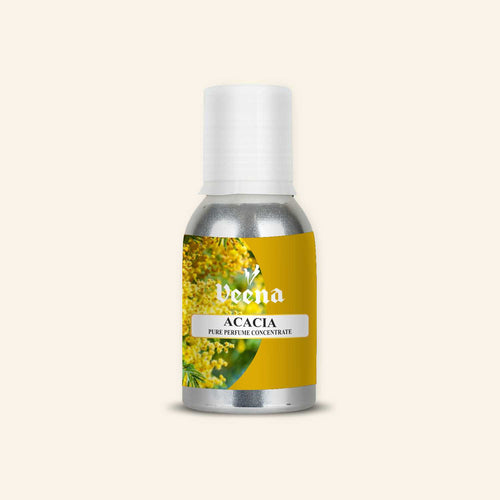 Veena Acacia Pure Perfume Concentrate protective silver aluminum bottle with premium golden yellow acacia blossom illustration label design.