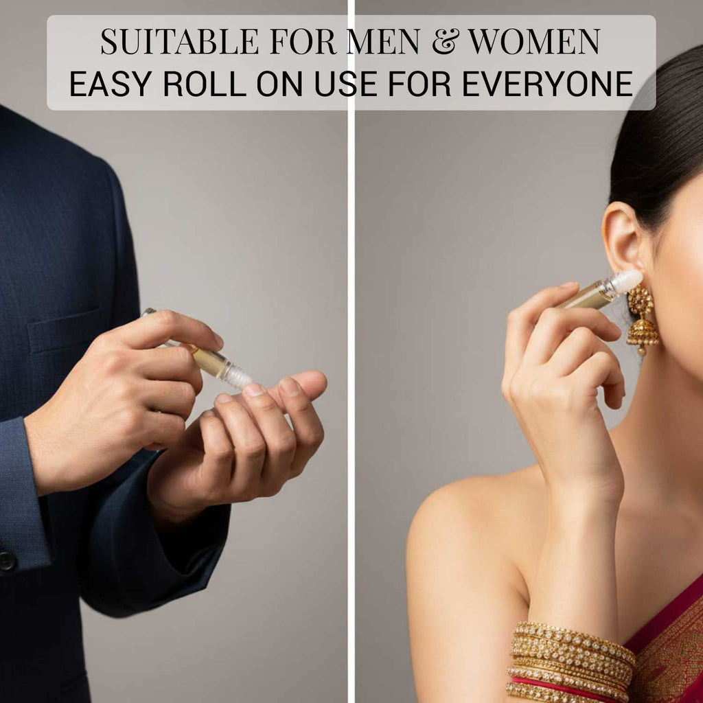 A split-screen product banner displaying a man in a sharp suit and a woman in a traditional red saree applying the easy roll-on perfume.