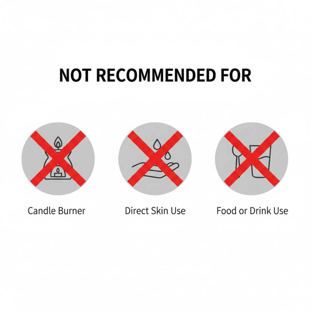 Warning infographic showing that mandarin fragrance oil is not recommended for candle burners, direct skin use, or food and drink use.