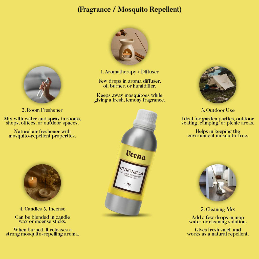 Five application methods for Veena Citronella fragrance oil including diffuser aromatherapy, room freshener spray, candle making, outdoor camping, and floor cleaning mix.