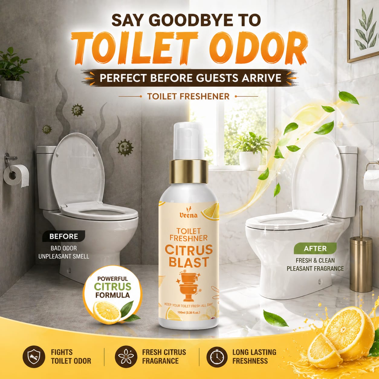 Instant toilet freshness spray by Veena with citrus fragrance for odor-free bathrooms