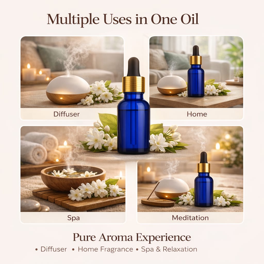 Premium blue dropper bottle of St. Thomas White Oudh Aroma Oil centered in a multi-use layout for Diffuser, Home, Spa, and Meditation surrounded by white jasmine flowers.