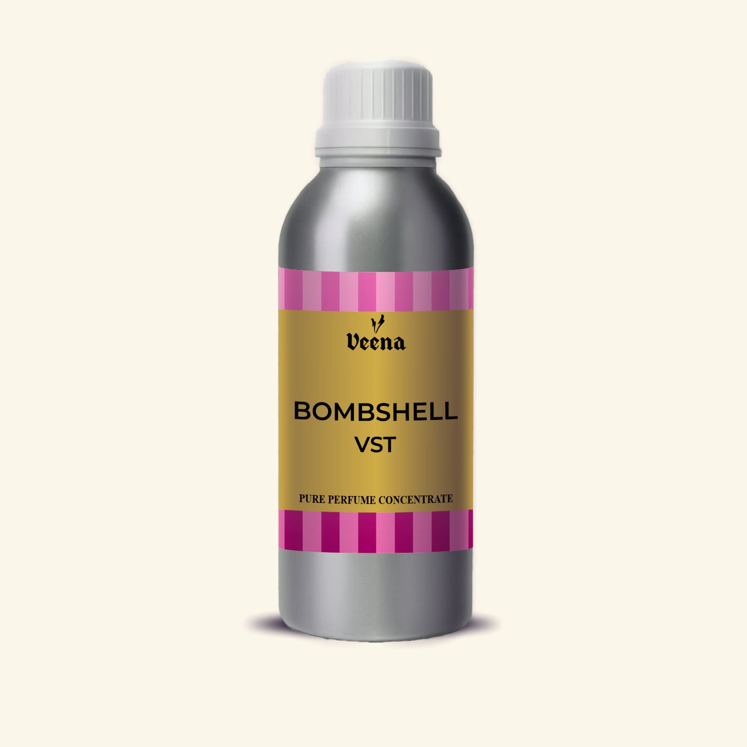 Veena Bombshell Vst Pure Perfume Concentrate silver aluminum bottle with gold and pink striped label premium fragrance oil
