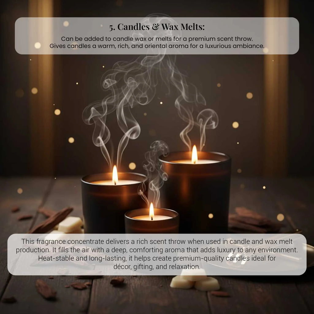 Luxury scented dark candles burning with elegant smoke trails on a rustic dark wood surface.