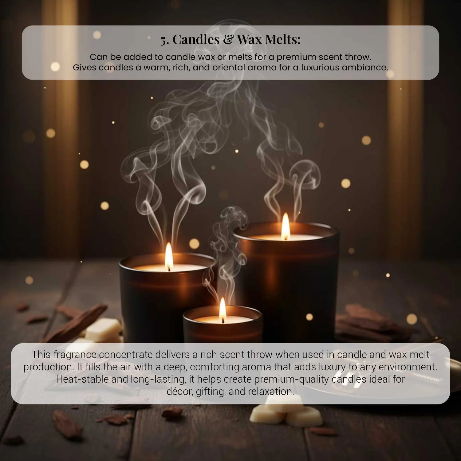 Luxury scented dark candles burning with elegant smoke trails on a rustic dark wood surface.