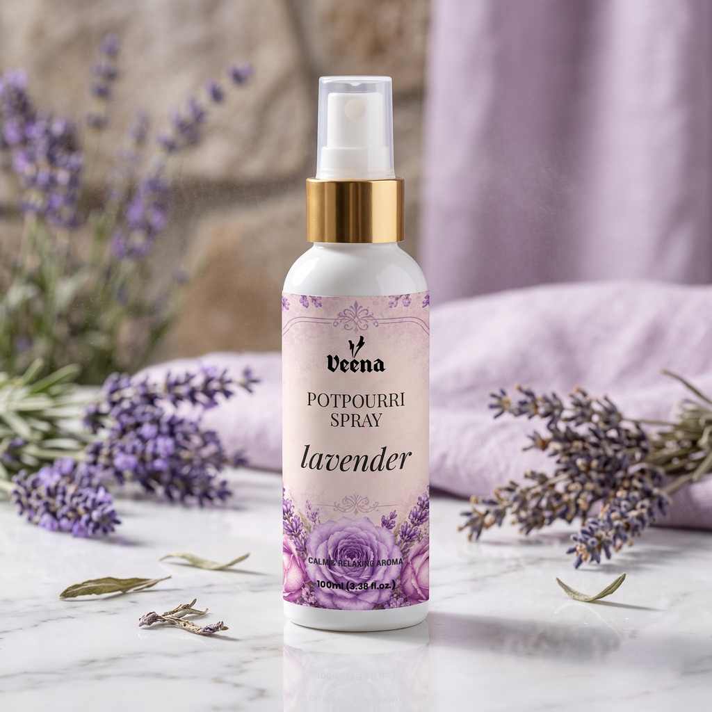 Veena Lavender Potpourri Spray 100ml bottle with fresh lavender flowers on a marble surface – Calm and Relaxing Home Fragrance.
