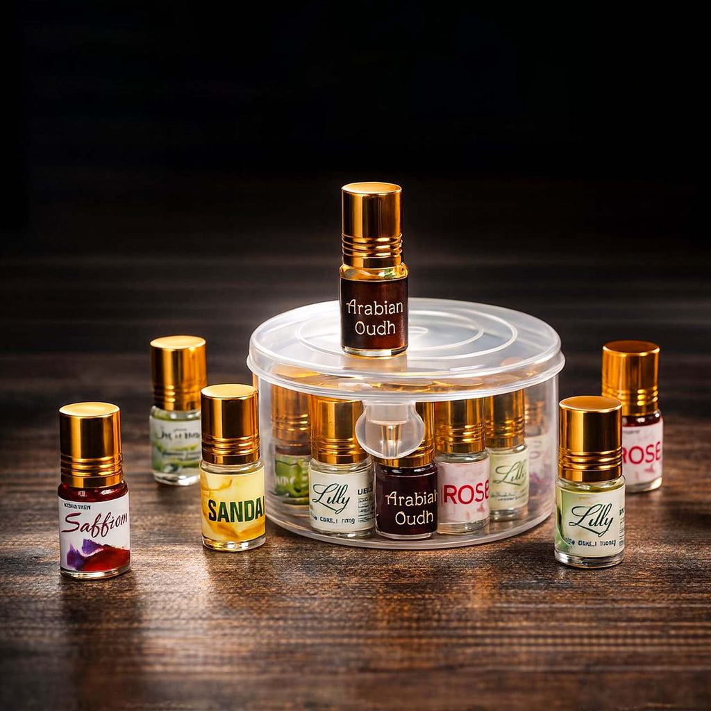 Veena Premium Apparel Attar discovery combo set featuring multiple gold-capped perfume oil vials standing around a circular storage case.
