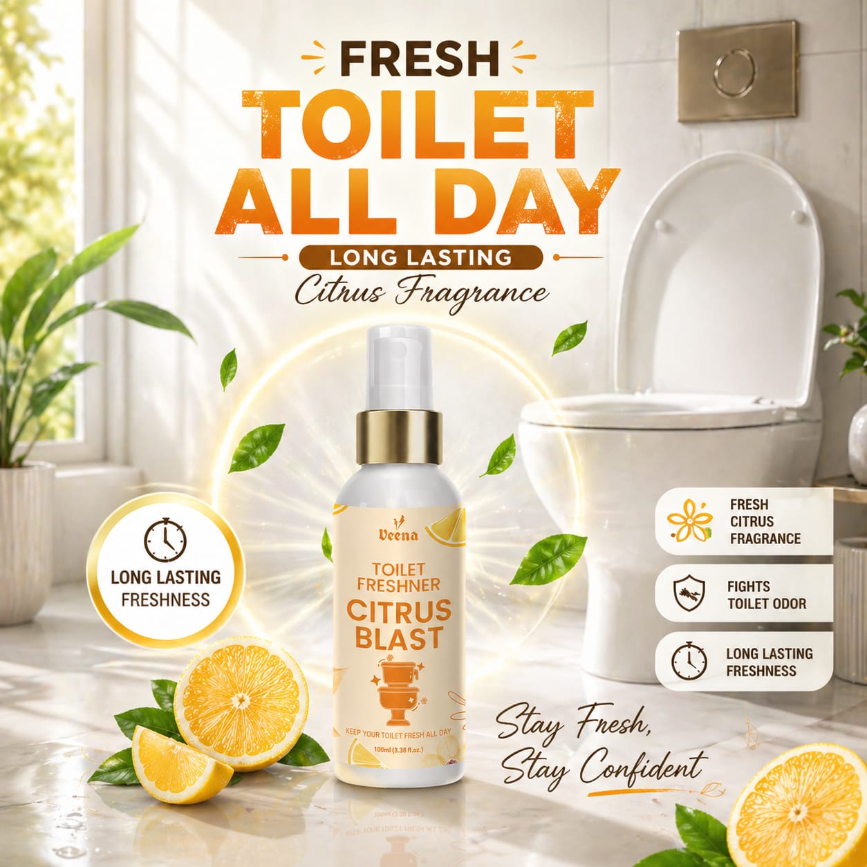 Instant toilet freshness spray by Veena with citrus fragrance for odor-free bathrooms