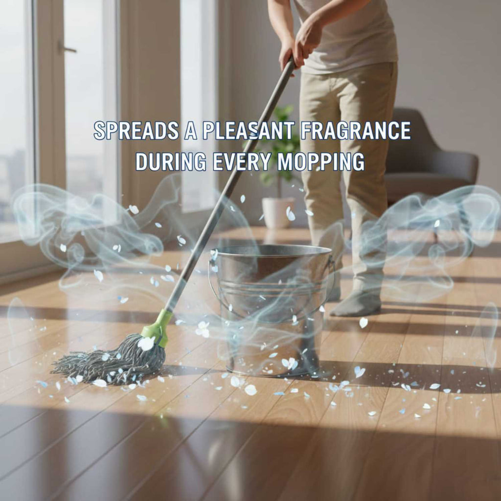 Person mopping a glossy wooden floor with an abstract smoke and flower petal graphic representing pleasant fragrance spreading.