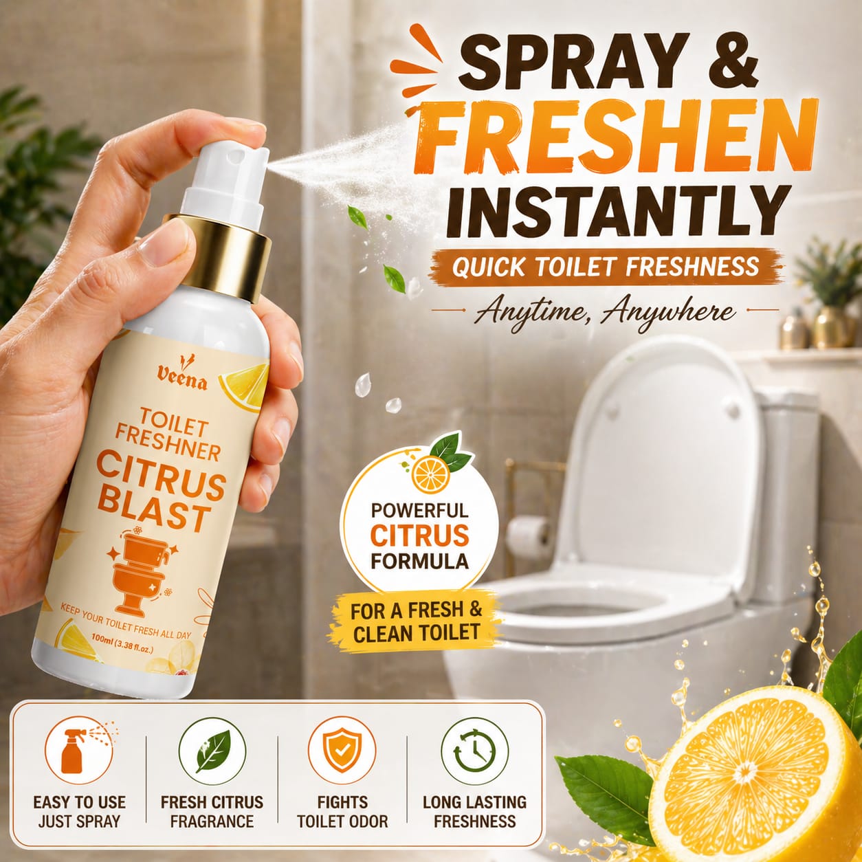Instant toilet freshness spray by Veena with citrus fragrance for odor-free bathrooms
