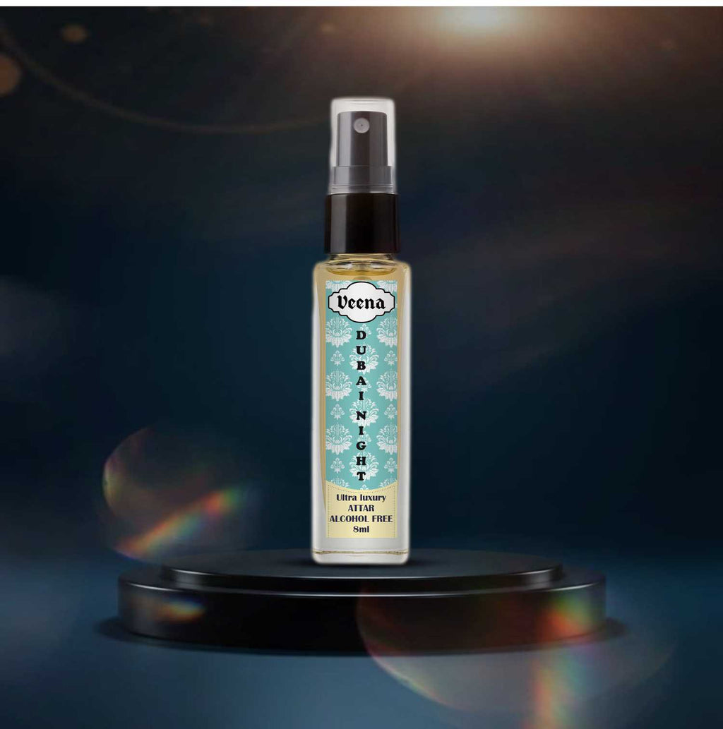 Veena Dubai Night premium Arabian blend attar spray bottle showcased on a sleek black reflective podium under a bright cosmic spotlight.
