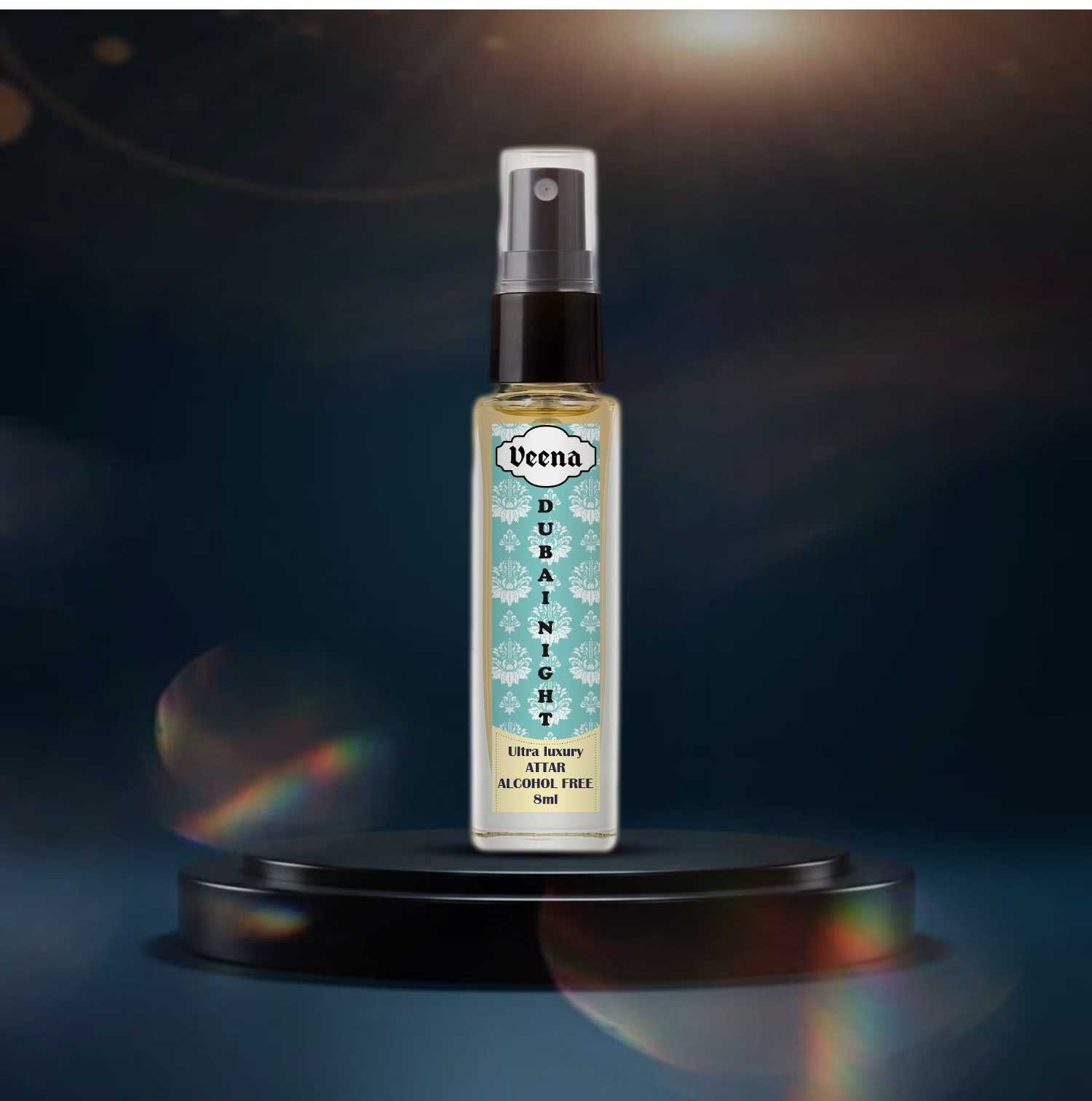 Veena Dubai Night premium Arabian blend attar spray bottle showcased on a sleek black reflective podium under a bright cosmic spotlight.