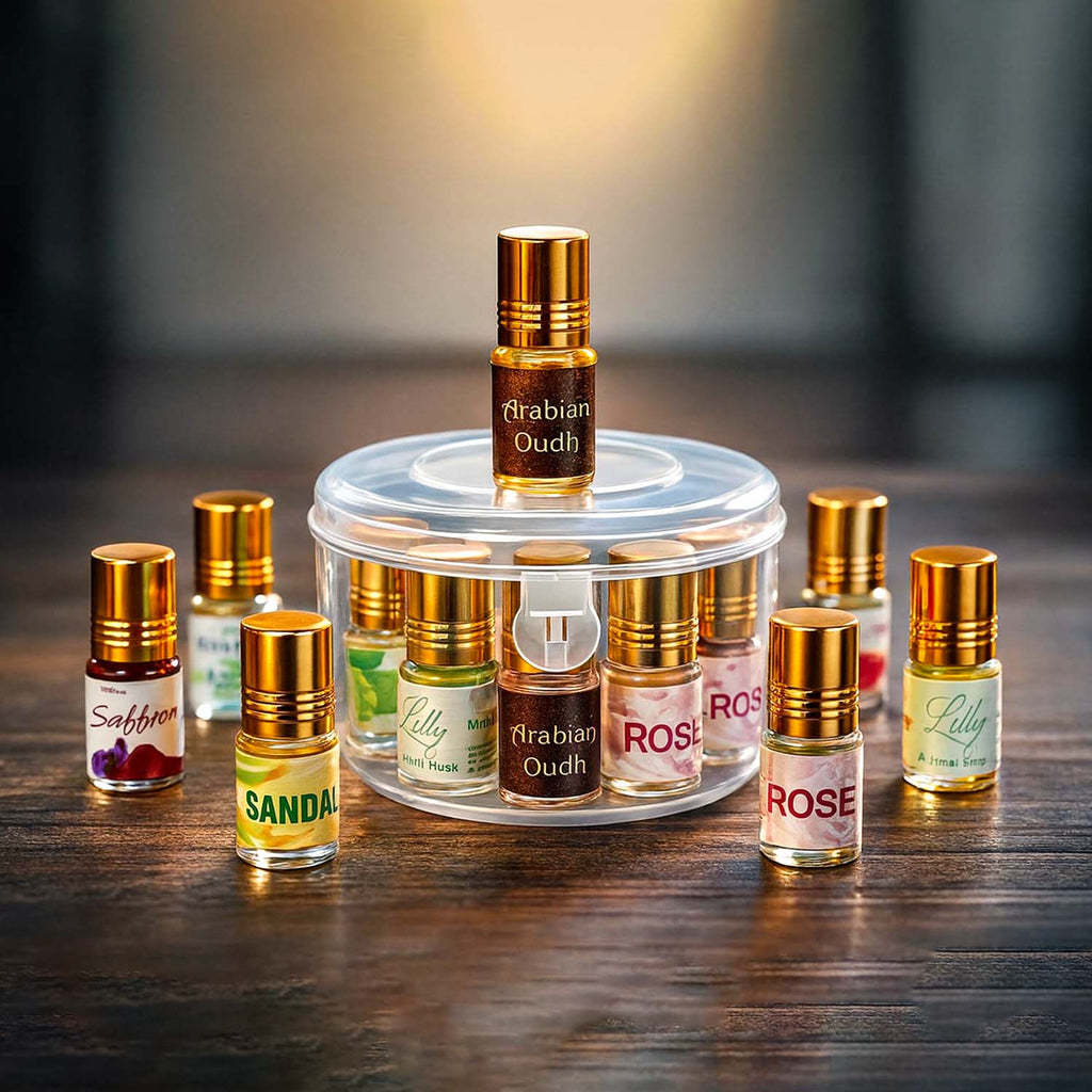 Veena luxury non-alcoholic apparel attar roll-on perfume collection displayed elegantly on a dark wood surface under a soft golden spotlight.