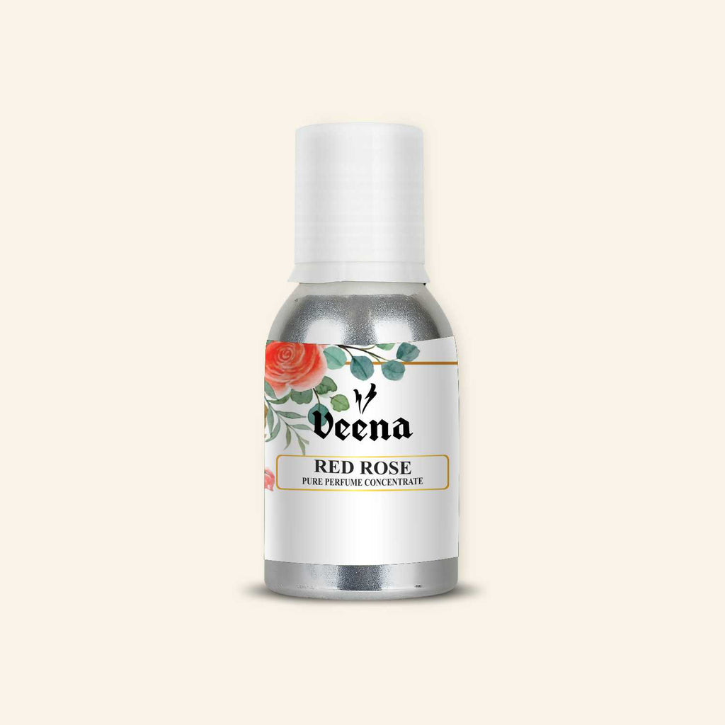 Veena Red Rose Pure Perfume Concentrate protective aluminum canister with clean white background and watercolor blooming red rose graphic label.