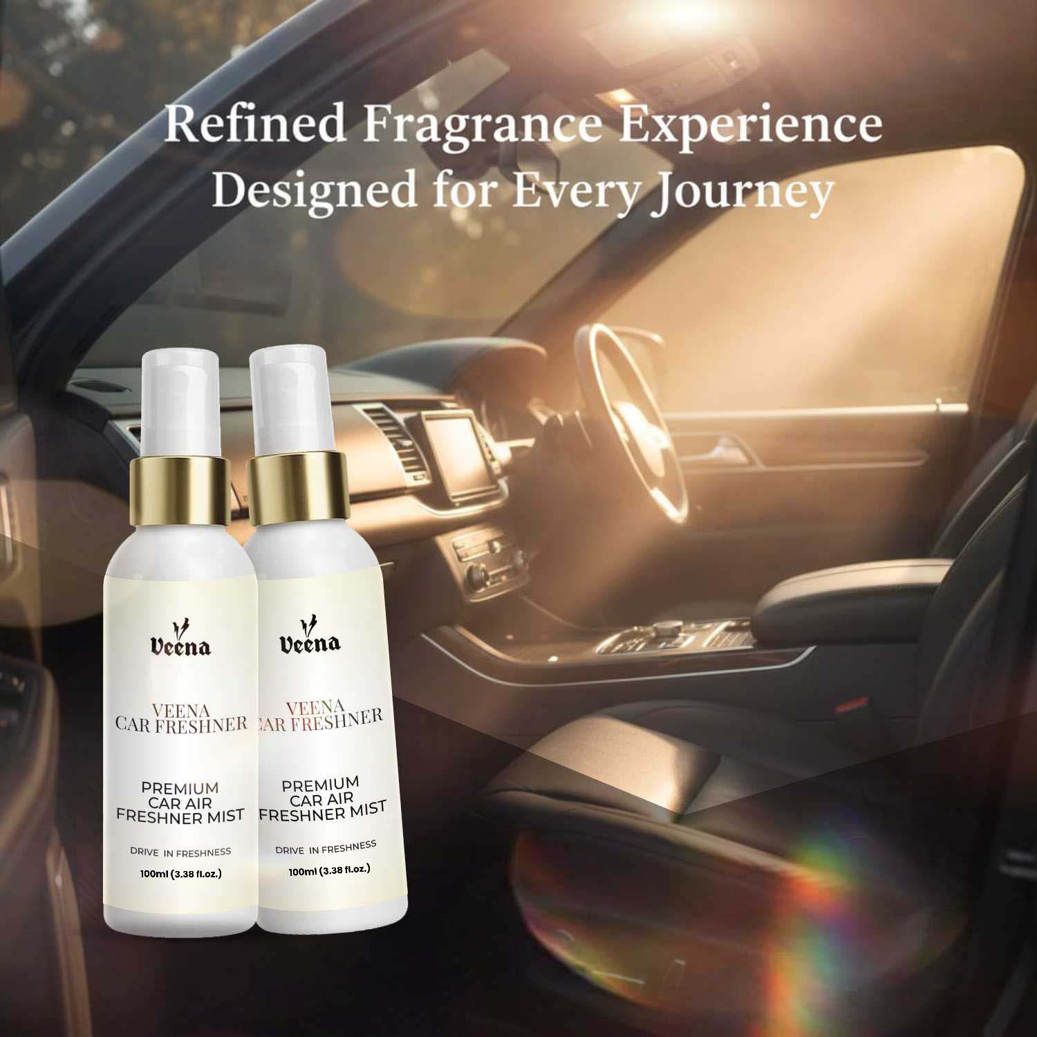 Veena Woody Amber Premium Car Air Freshner Mist – 100ml (3.38 fl.oz.) | Rich Exotic Wood & Warm Amber Luxury Car Interior Spray