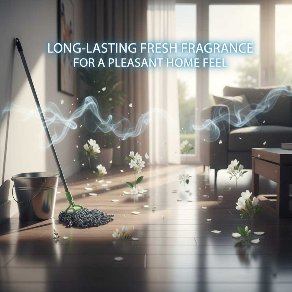 Clean living room floor with a metal mop bucket showcasing an atmospheric scent wave and fresh white flowers emerging from the ground.