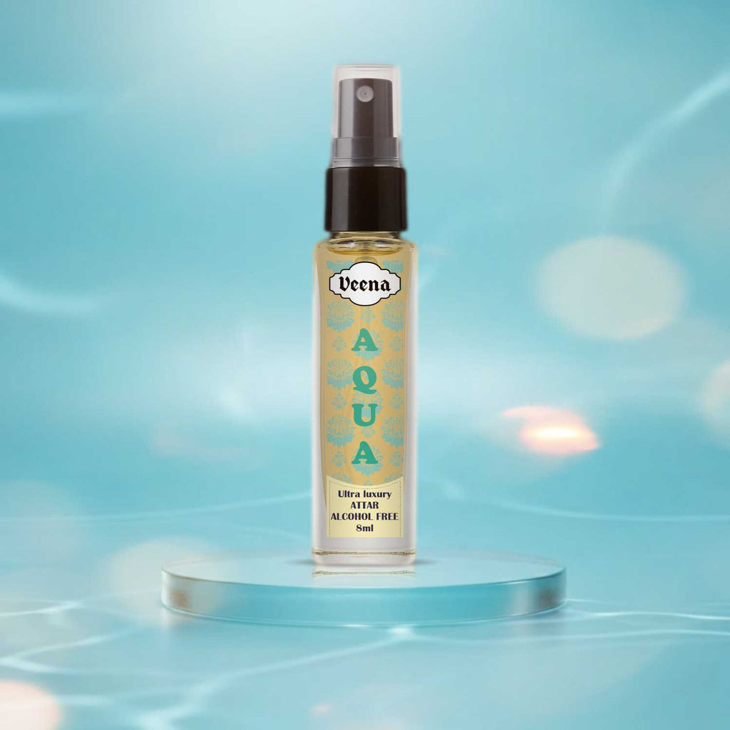 Veena Aqua cooling oceanic fine-mist perfume spray bottle resting gracefully on a light blue acrylic disk pedestal surrounded by clean water ripples.