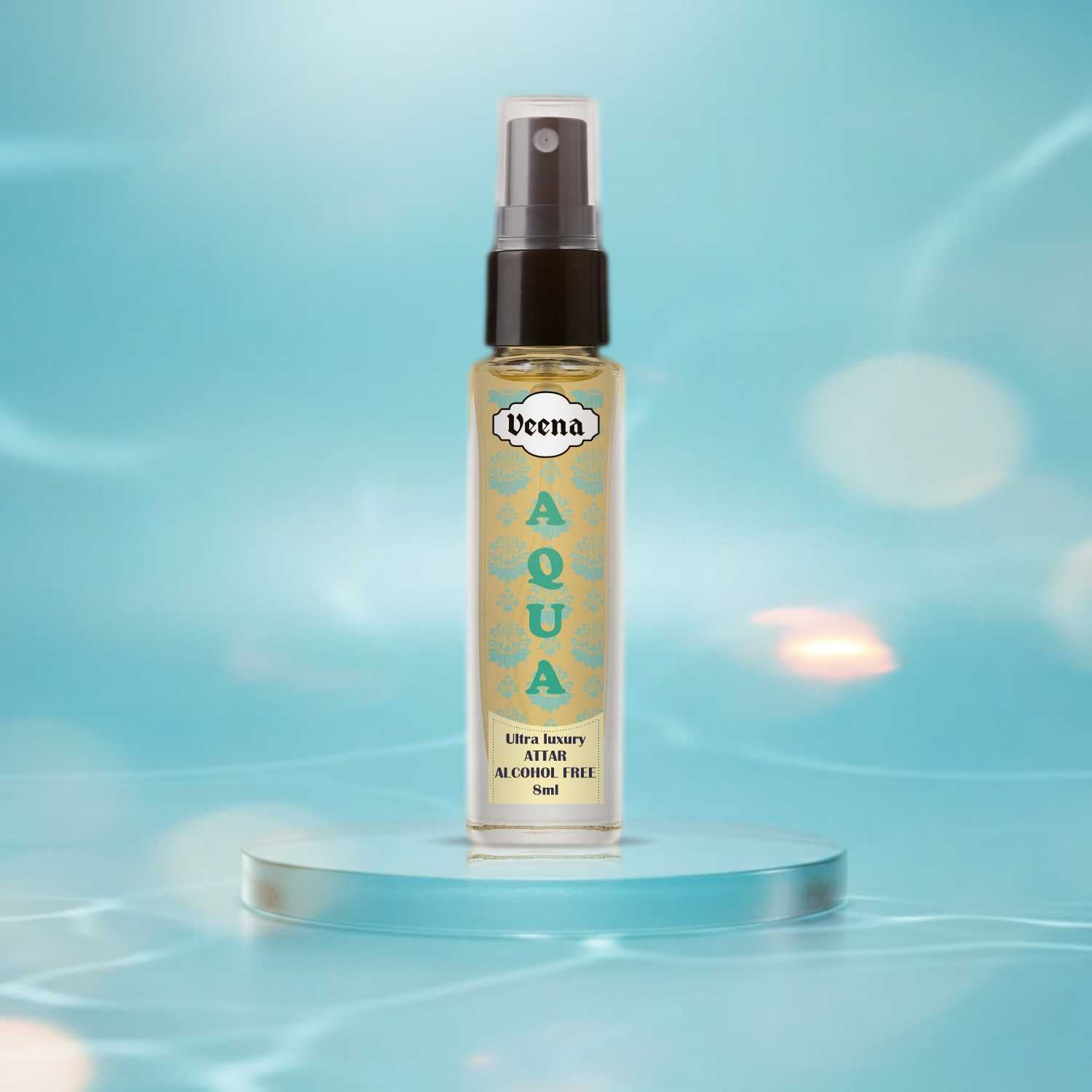 Veena Aqua cooling oceanic fine-mist perfume spray bottle resting gracefully on a light blue acrylic disk pedestal surrounded by clean water ripples.