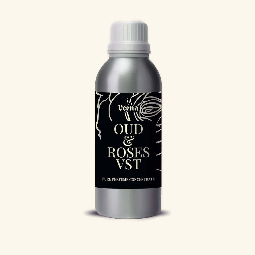 Veena Oud and Roses Vst Pure Perfume Concentrate silver aluminum bottle with black gold rose label premium fragrance oil