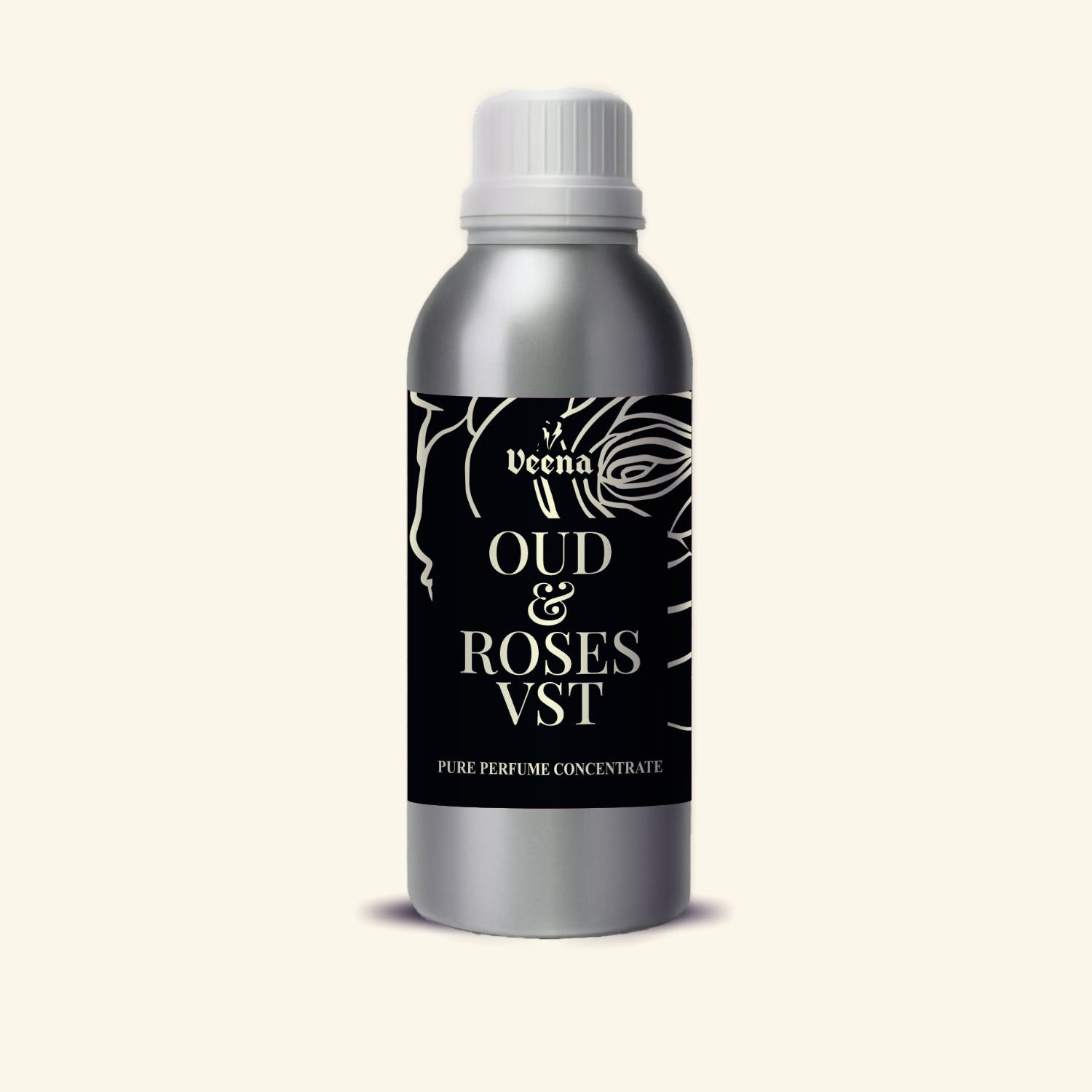 Veena Oud and Roses Vst Pure Perfume Concentrate silver aluminum bottle with black gold rose label premium fragrance oil