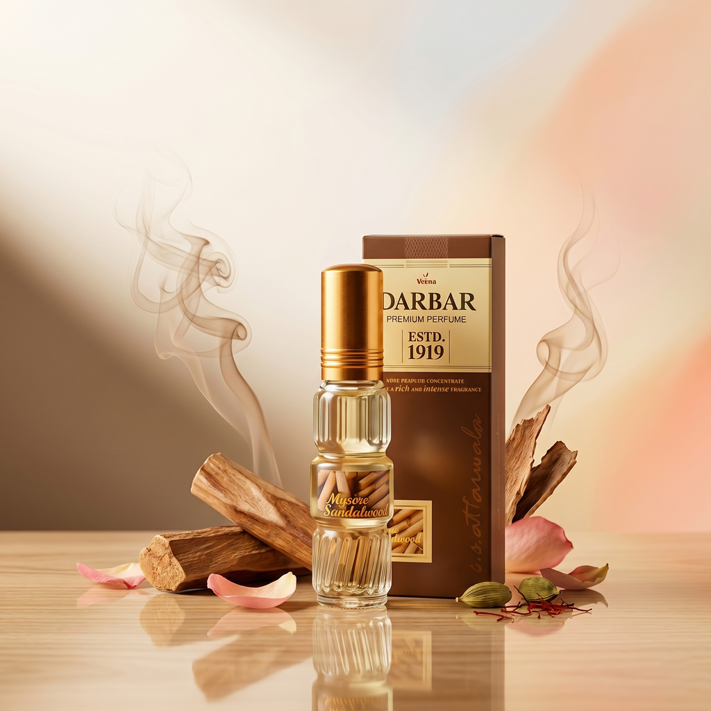 Veena Darbar Premium Perfume (Mysore Sandalwood) | Long Lasting Pure Perfume Concentrate Spray for Men & Women | Authentic Indian Rich Woody Chandan Fragrance | Established 1919