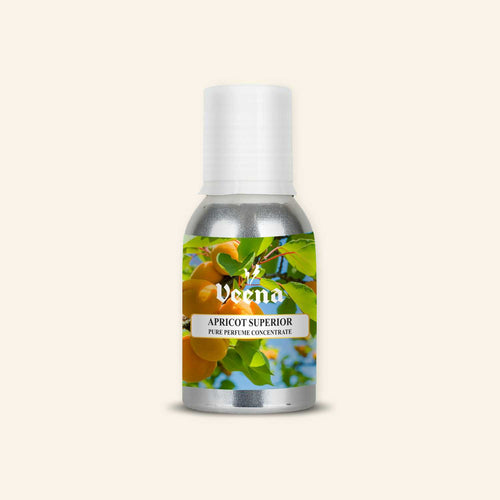 Veena Apricot Superior Pure Perfume Concentrate silver bottle featuring fresh golden apricots hanging on branches with green leaves label design.