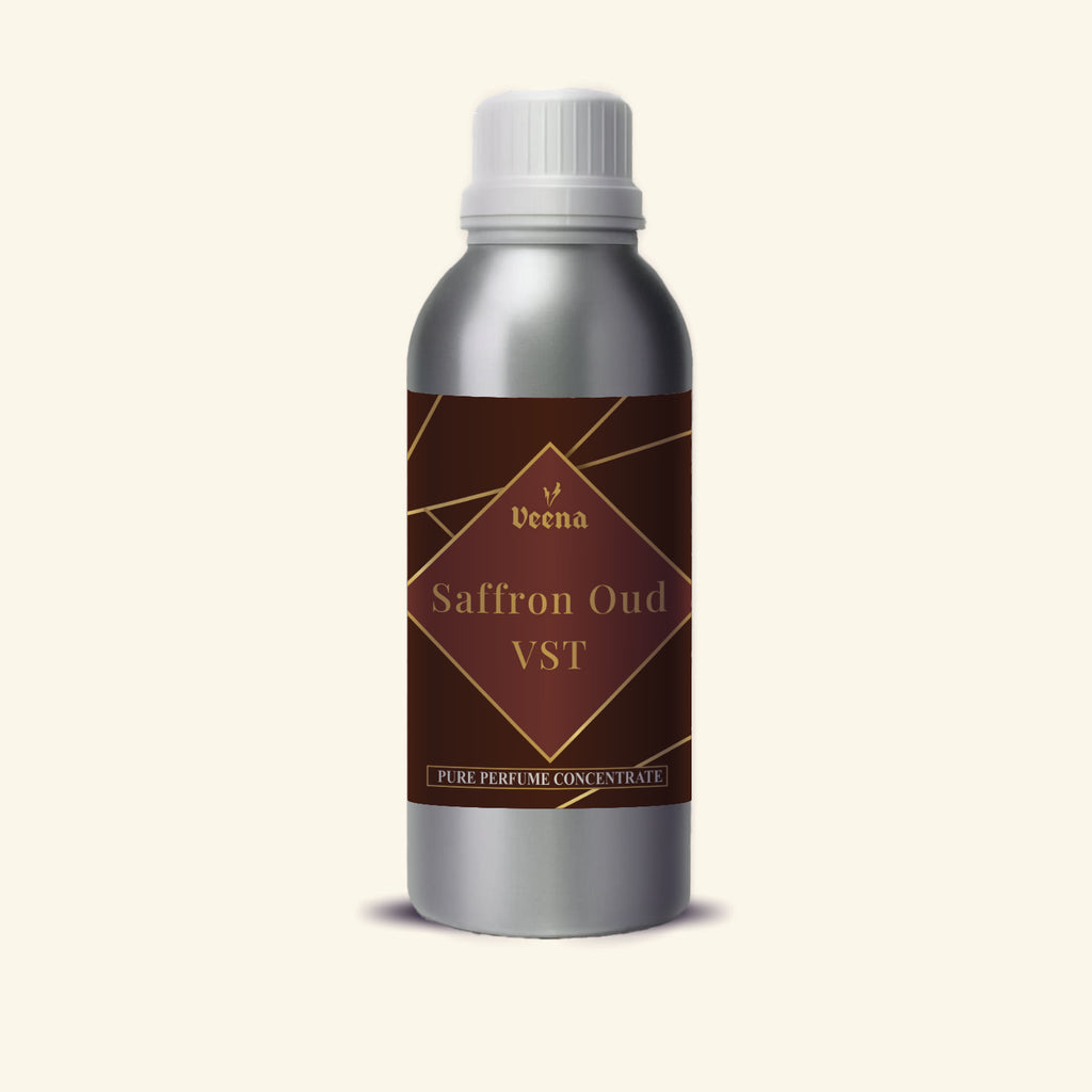 Veena Saffron Oud Vst Pure Perfume Concentrate silver aluminum bottle with gold diamond burgundy label premium fragrance oil