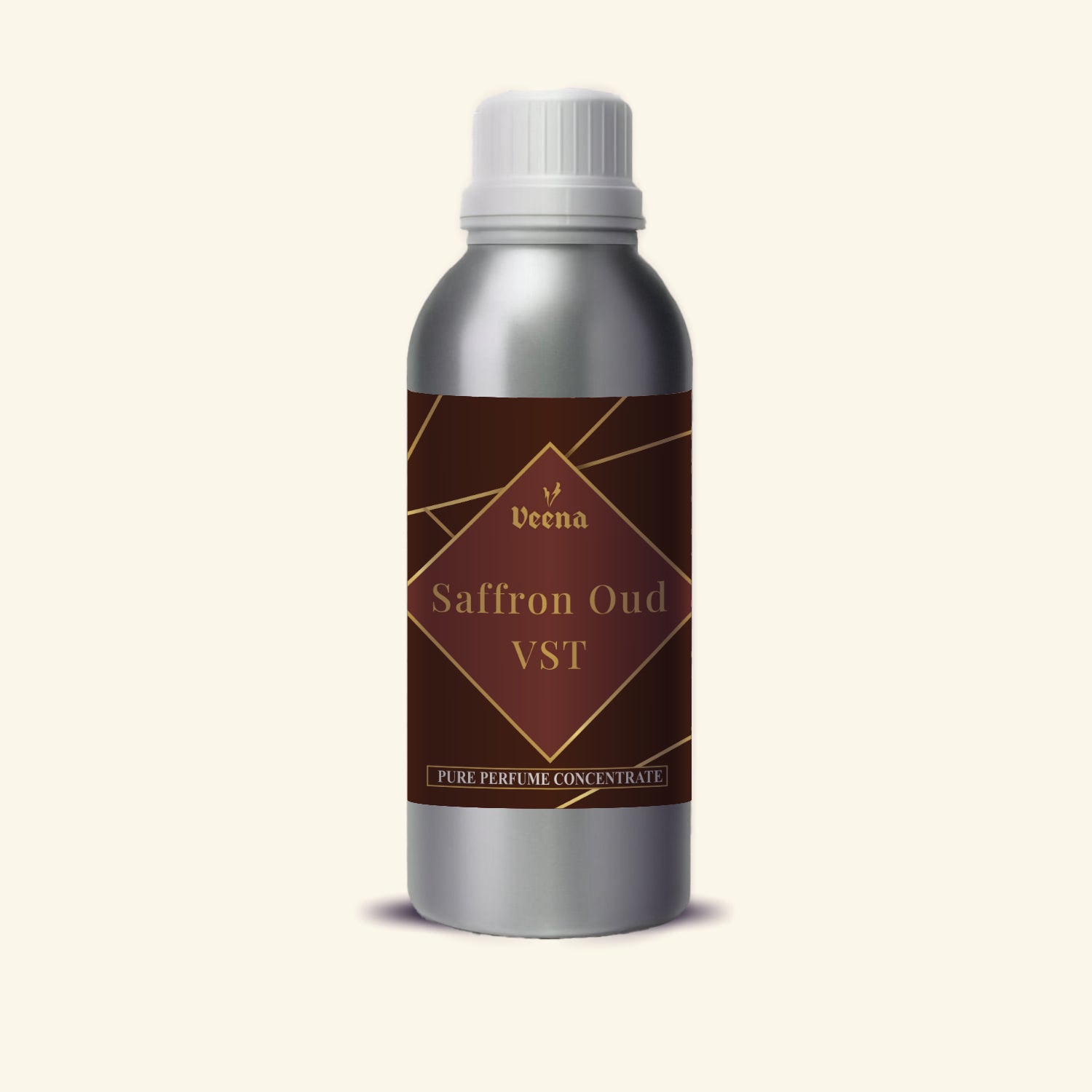 Veena Saffron Oud Vst Pure Perfume Concentrate silver aluminum bottle with gold diamond burgundy label premium fragrance oil