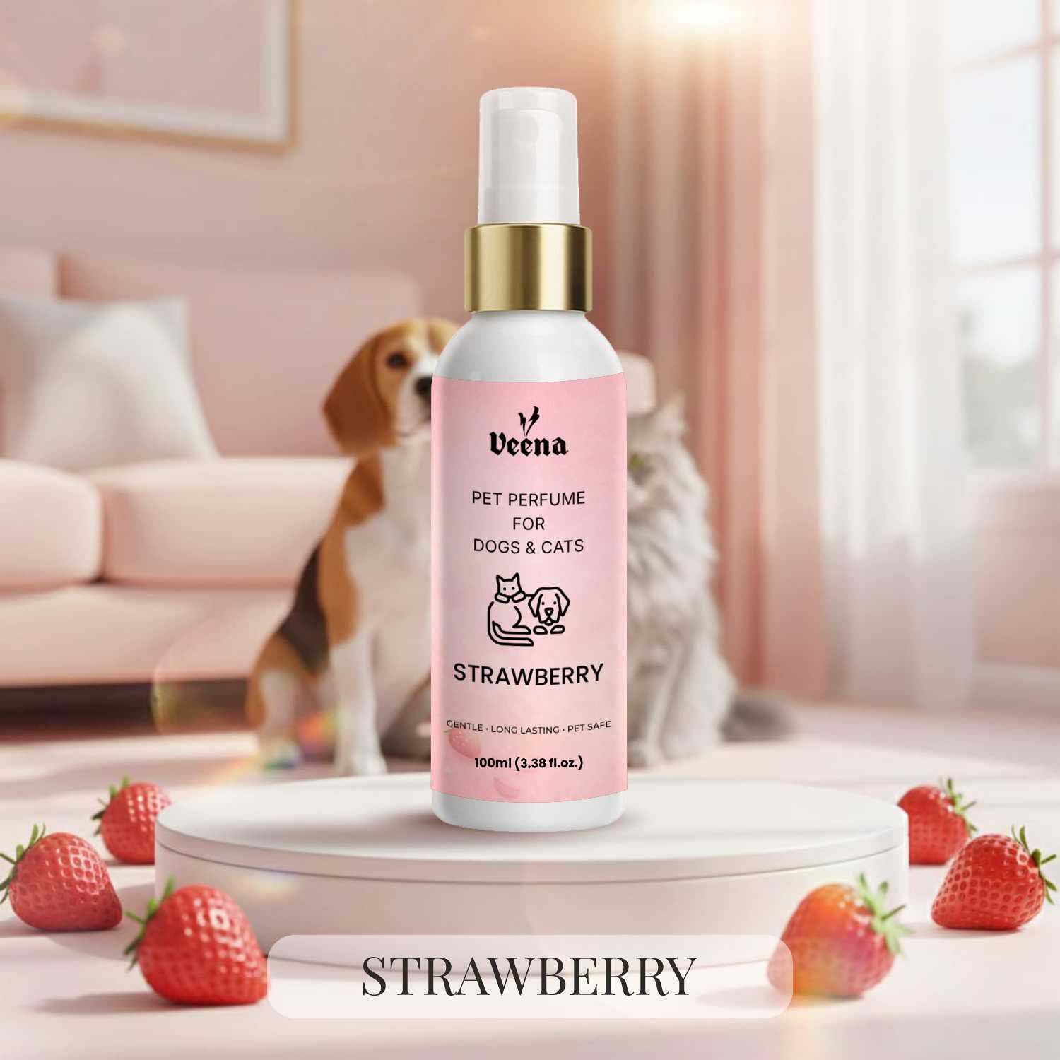 Veena Strawberry Pet Perfume for Dogs and Cats 100ml spray bottle showcased on a white pedestal surrounded by fresh red strawberries, featuring a fluffy cat and Beagle dog background.