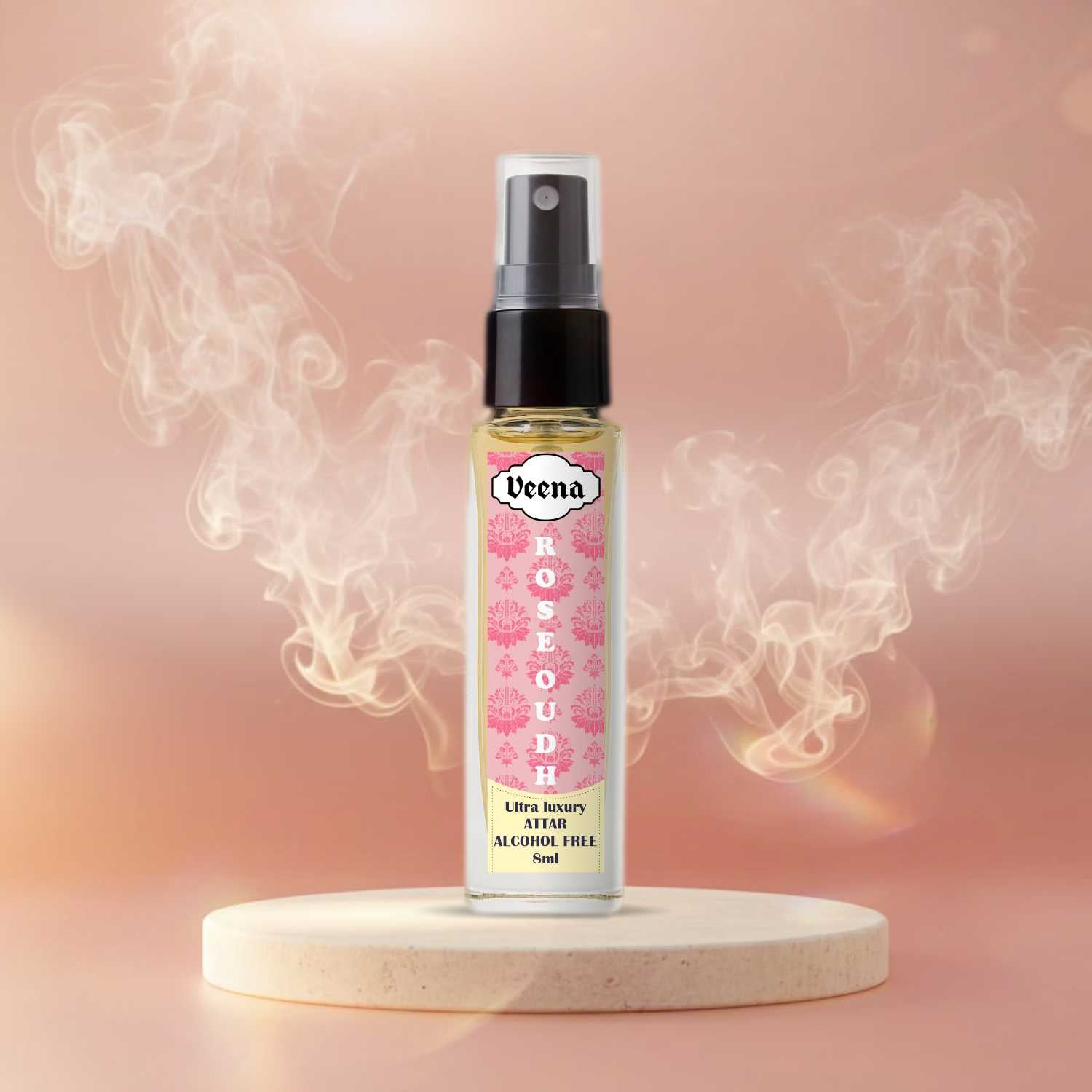 Veena Rose Oudh velvet romantic perfume spray bottle resting under warm studio lights with subtle smoke trails.