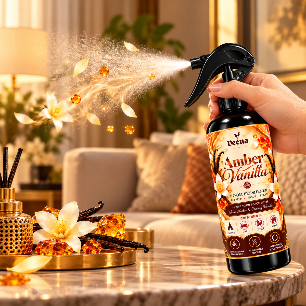 Veena Amber Vanilla Room Freshener Spray  Warm Amber & Creamy Vanilla Fragrance  Long Lasting Air Freshener