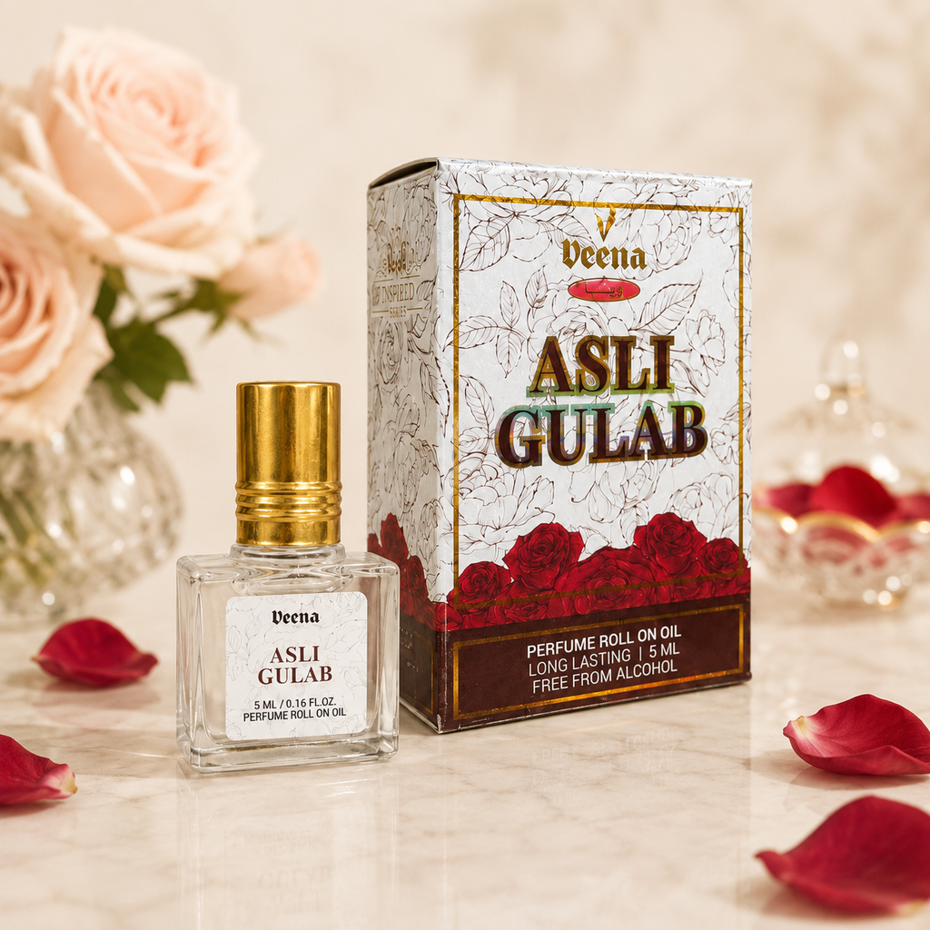 Veena Asli Gulab Rose Attar 5 ML alcohol-free perfume roll-on oil with box