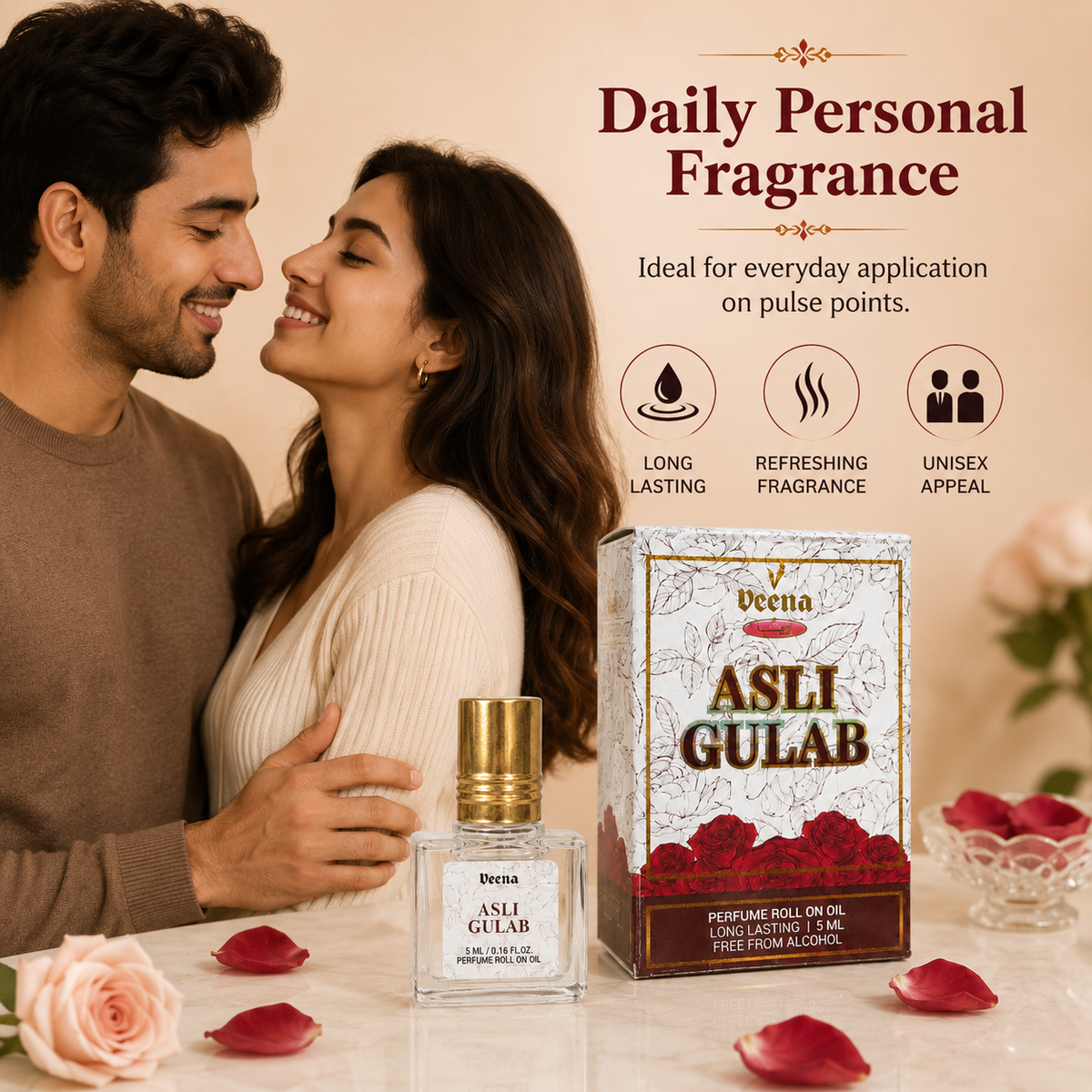 Asli Gulab Perfume Roll-On Oil 5 ML – Alcohol-Free Rose Attar