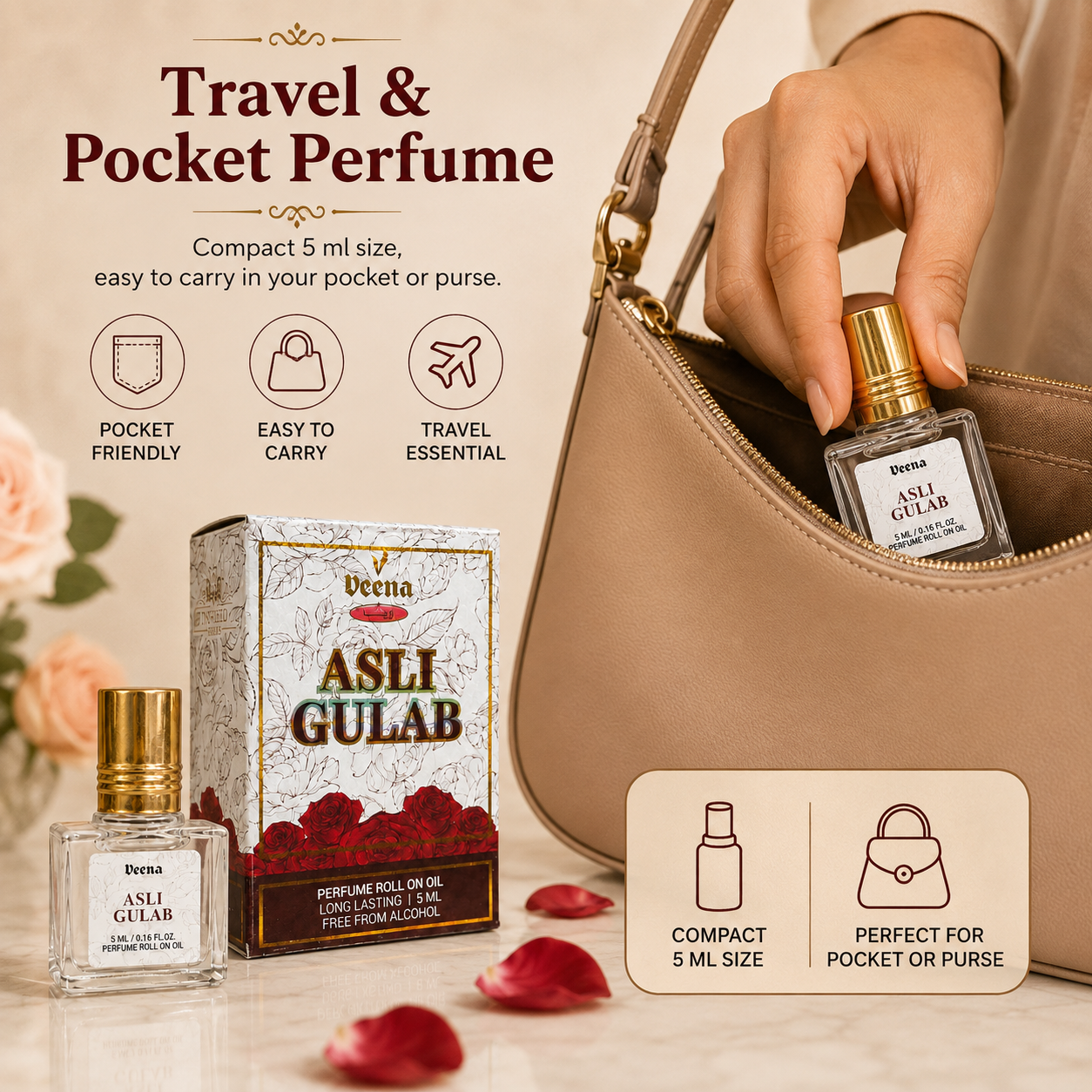 Asli Gulab Perfume Roll-On Oil 5 ML – Alcohol-Free Rose Attar