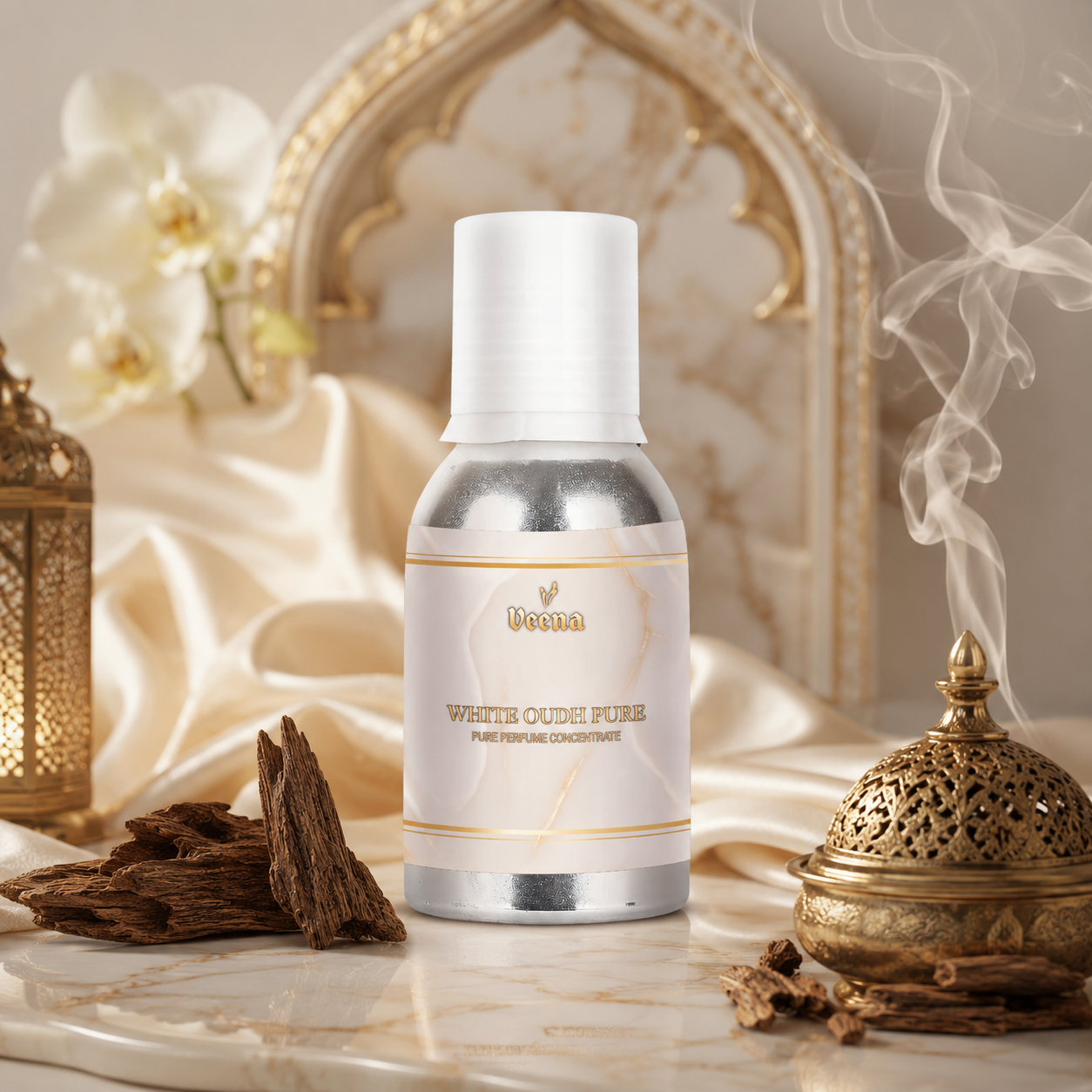 "Veena White Oudh Pure Pure Perfume Concentrate regal oriental amber oud fragrance oil bottle".