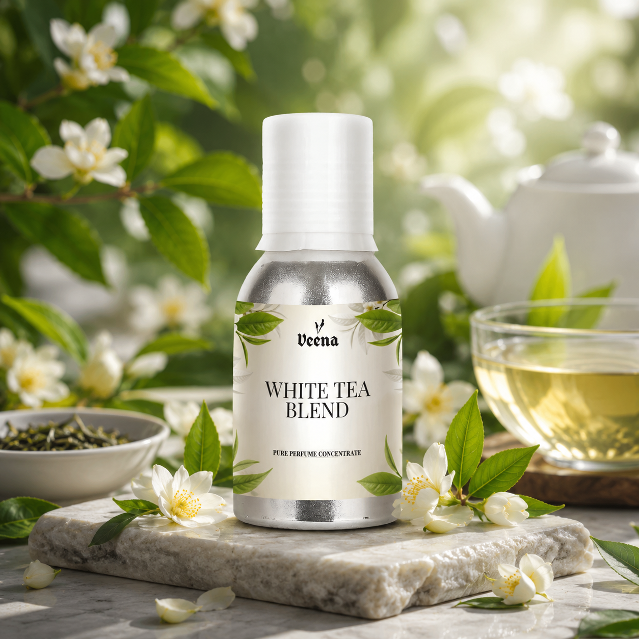 "Veena White Tea Blend Pure Perfume Concentrate crisp spa floral tea fragrance oil bottle".