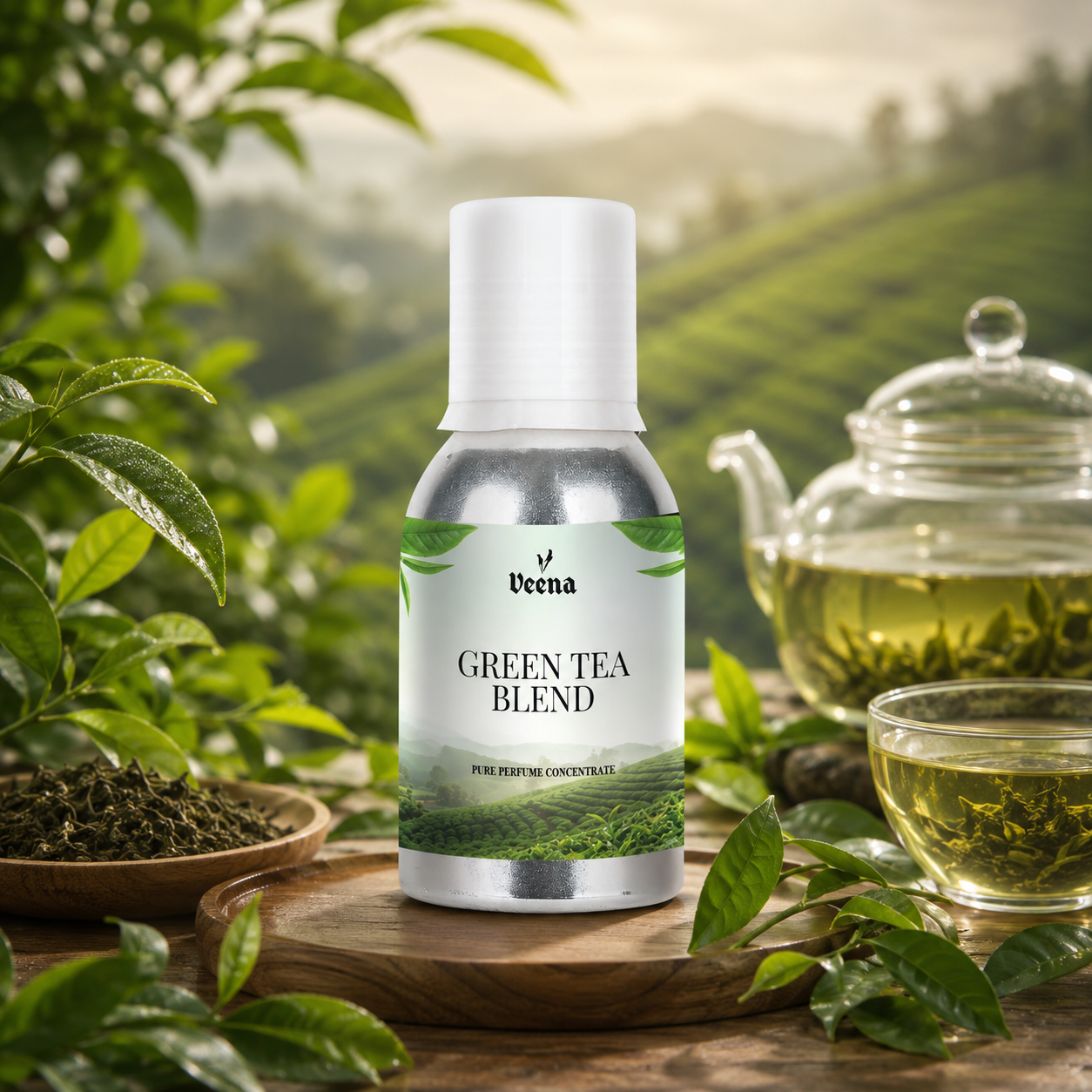 "Veena Green Tea Blend Pure Perfume Concentrate fresh crisp herbal tea fragrance oil bottle".