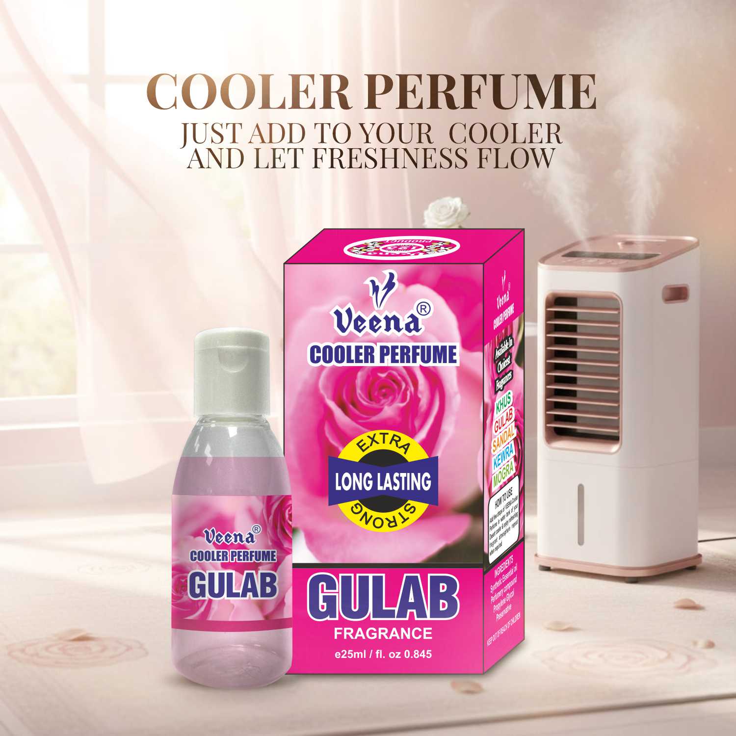 Veena Cooler Perfume Combo Pack – Mogra, Gulab, Sandal, Kewda & Khus (5 x 25 ml)