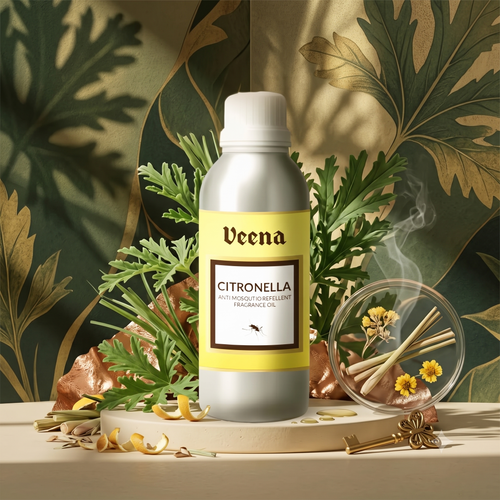 Veena Citronella anti-mosquito repellent fragrance oil bottle placed on a podium with fresh green leaves and natural herbs background.