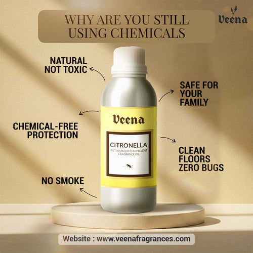 Veena Citronella oil infographic highlighting natural non-toxic benefits, chemical-free protection, smoke-free features, and clean floor attributes.