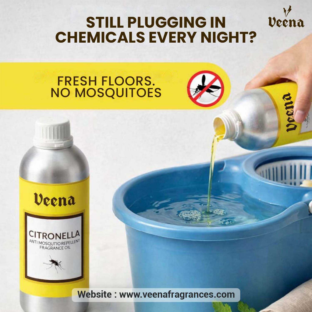 Pouring Veena Citronella oil into a blue mop bucket with water for fresh clean floors and natural mosquito protection.