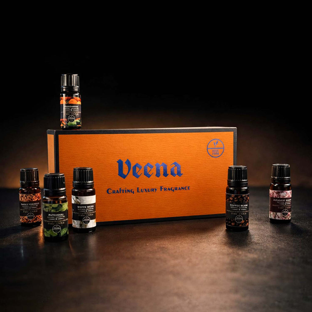 Premium Aroma Oil Combo - 6 Signature Scents (White Musk, Magnolia, Coffee, Patchouli, Tobacco, Mandarin)