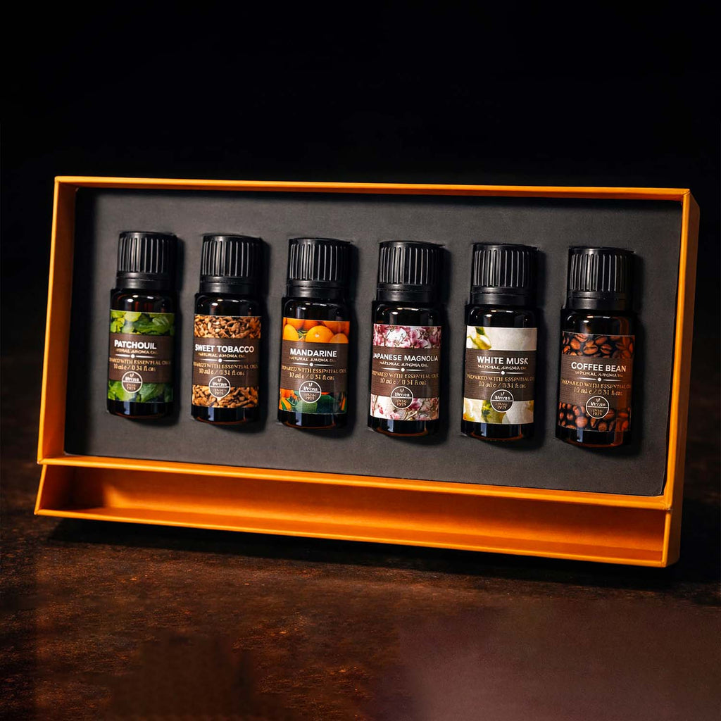 Premium Aroma Oil Combo - 6 Signature Scents (White Musk, Magnolia, Coffee, Patchouli, Tobacco, Mandarin)