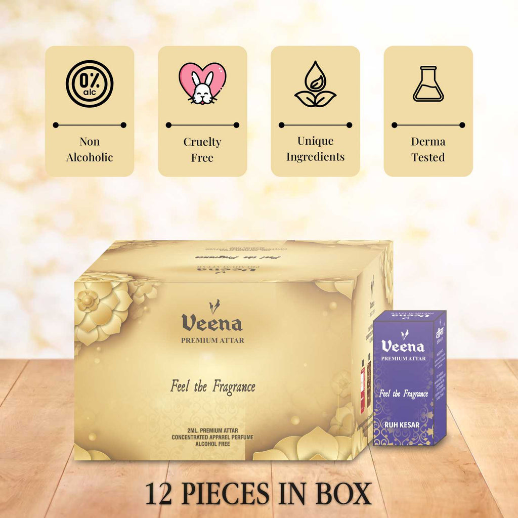 Veena Premium Ruh Kesar Attar Combo – 12 Bottles x 2ml Each
