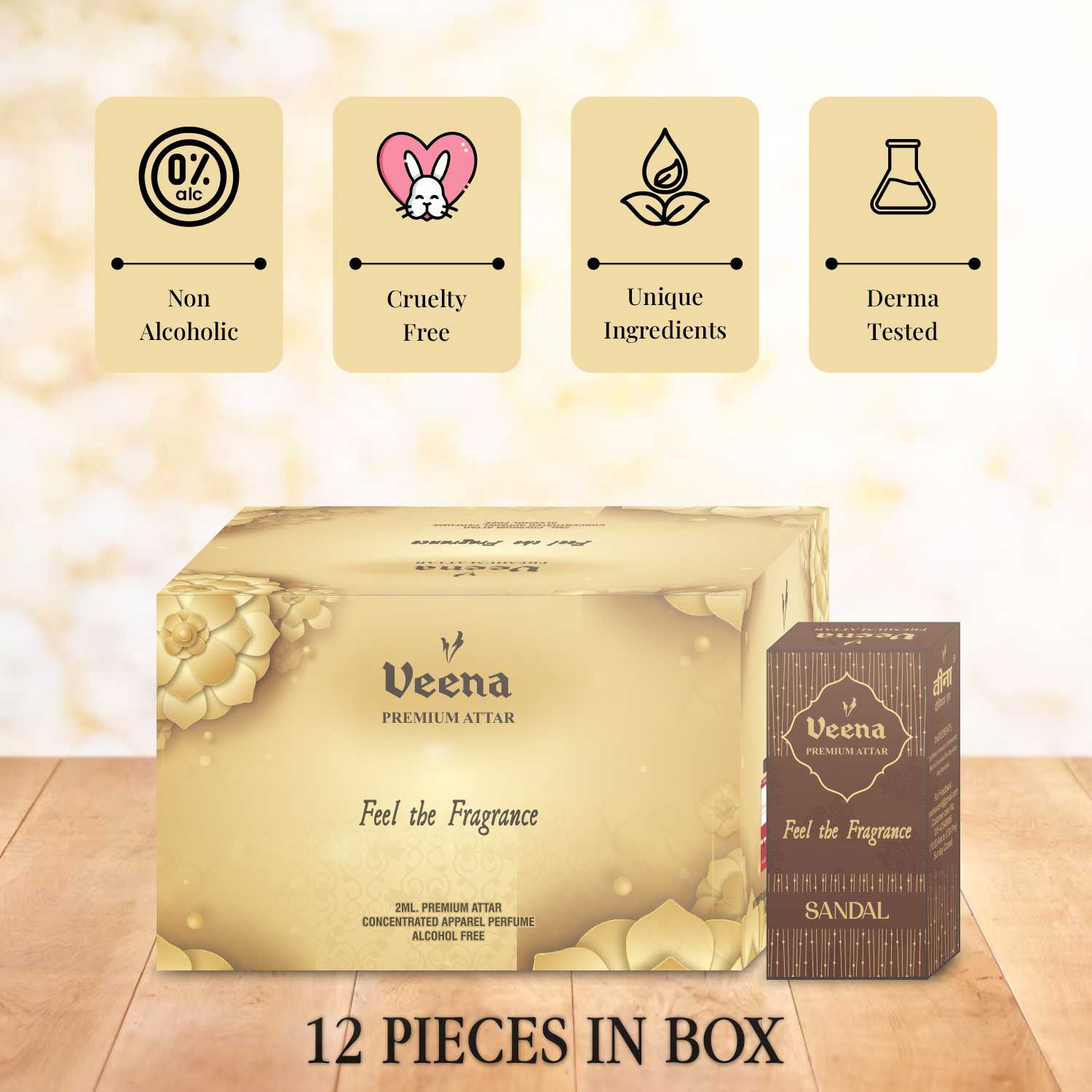 Veena Premium Sandal (Chandan) Attar Combo – 12 Bottles x 2ml Each