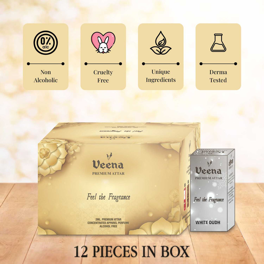 Veena Premium White Oudh Attar Combo – 12 Bottles x 2ml Each