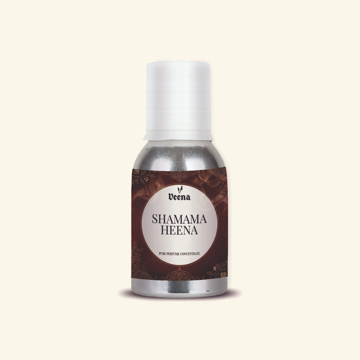 Veena Shamama Heena Pure Perfume Concentrate aluminum silver bottle with brown premium label.