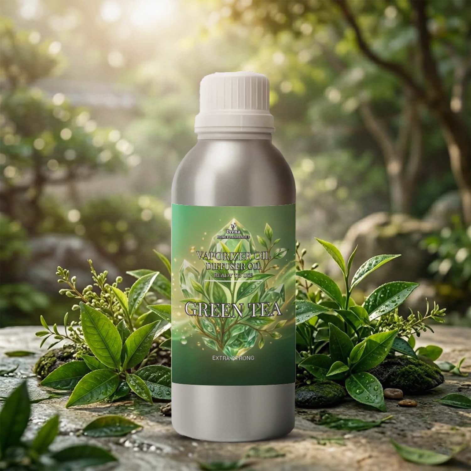 Veena Green Tea Premium Vaporizer and Diffuser Oil silver aluminum bottle with vibrant green botanical leaf label on a mossy stone surface